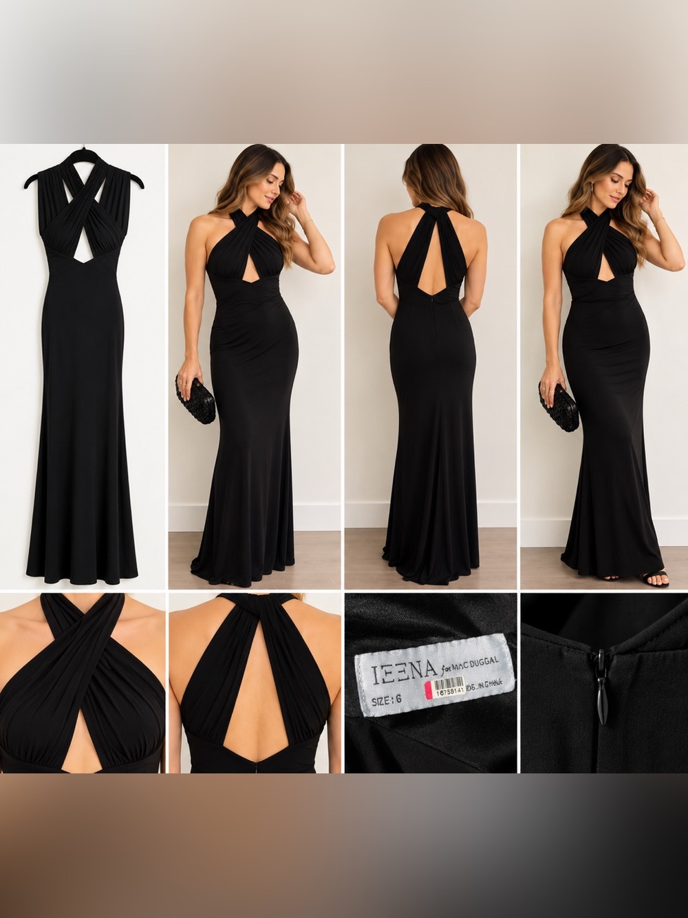 Ieena for Mac Duggal Black Keyhole Halter Maxi Gown Dress Size 6